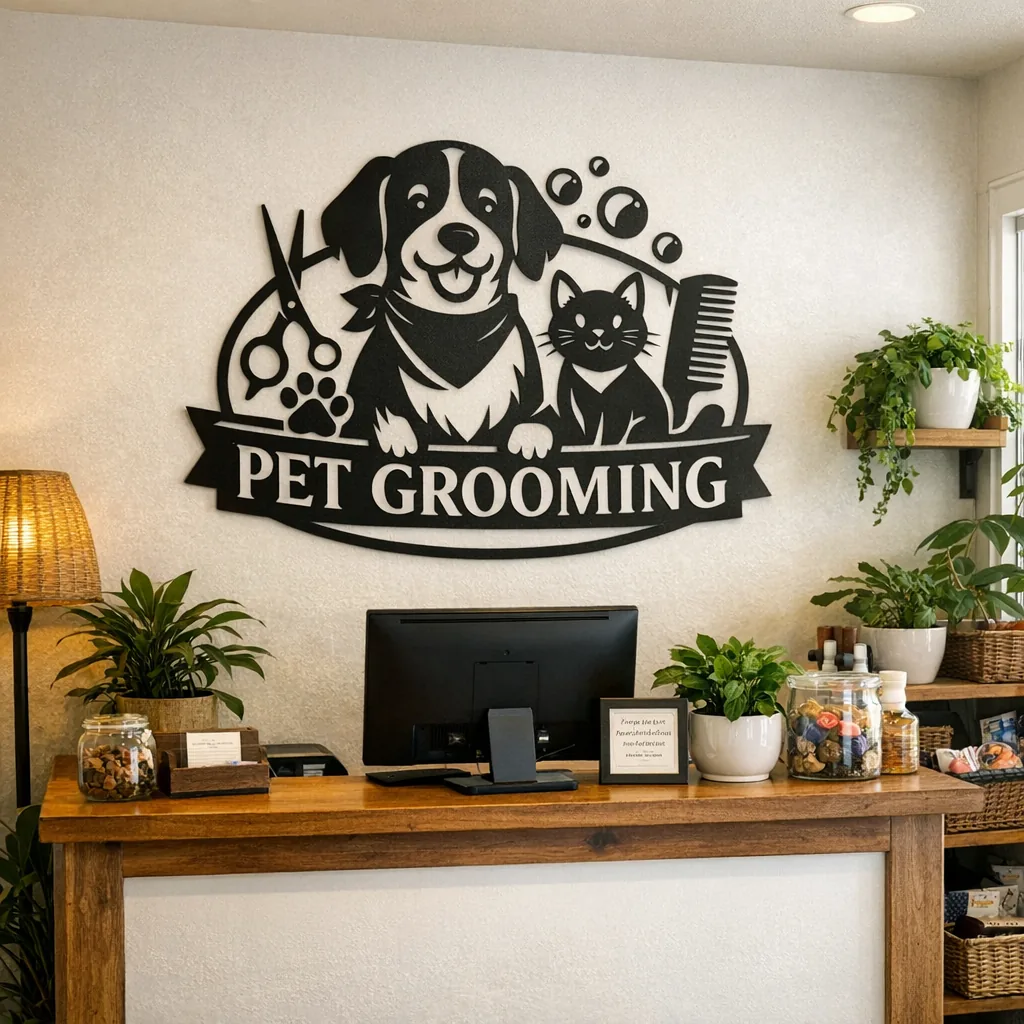 Custom Business Logo Decor 1 Pet grooming salon reception with custom business logo decor metal sign behind the desk