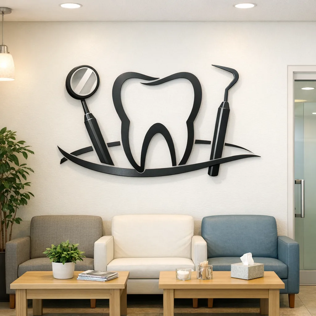 Custom Business Logo Decor 2 Dental clinic waiting room featuring custom business logo decor metal wall art