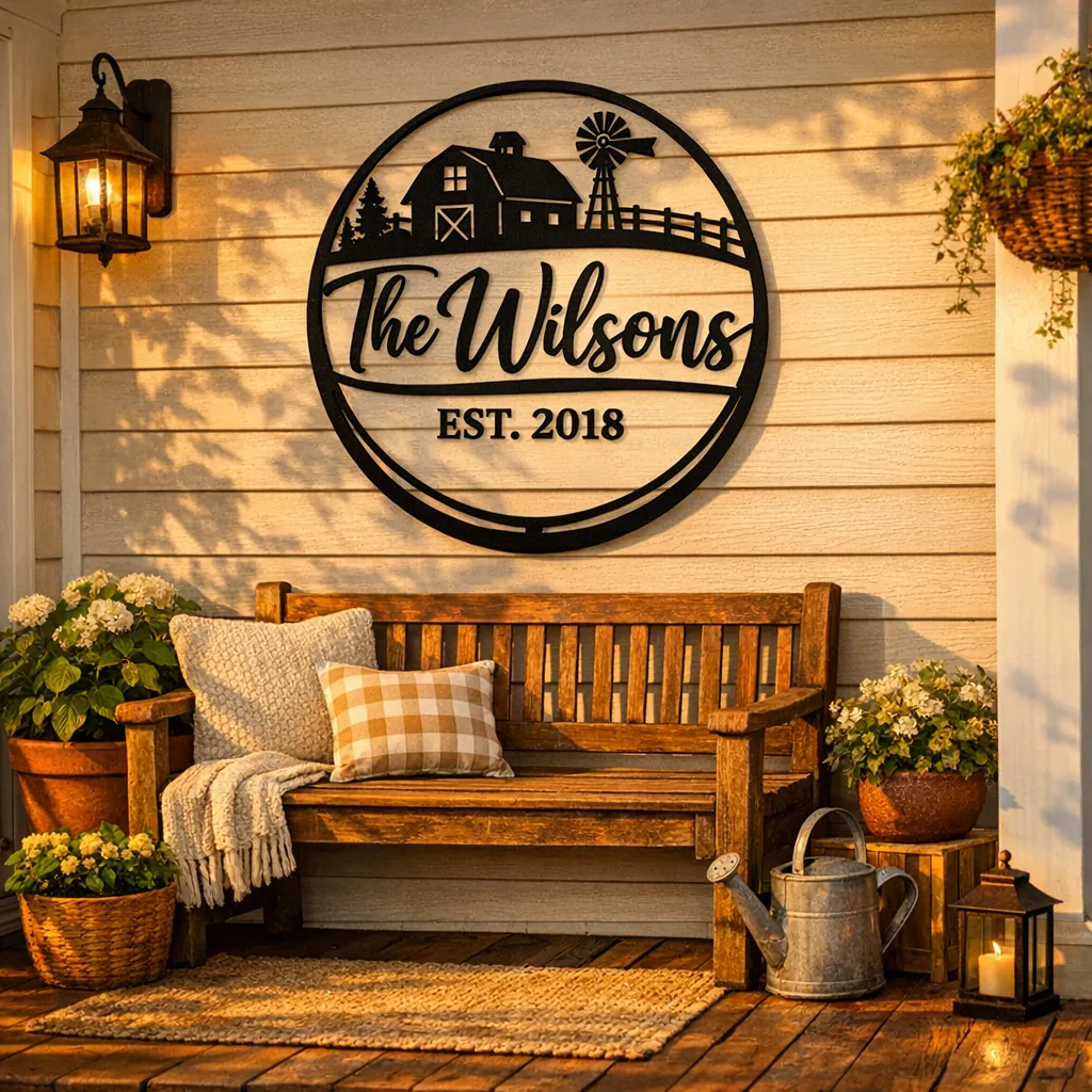 Custom Farmhouse Name Signs 1 custom farmhouse name signs hanging above a porch bench in warm light