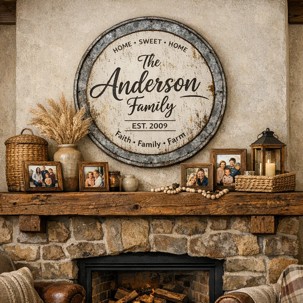 Custom Farmhouse Name Signs 2 family name wall sign in distressed metal above a living room mantel