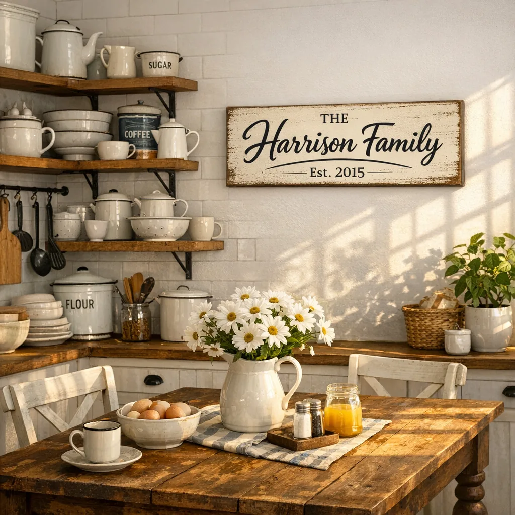Custom Farmhouse Name Signs 3 small custom farmhouse name sign in a cozy kitchen setting