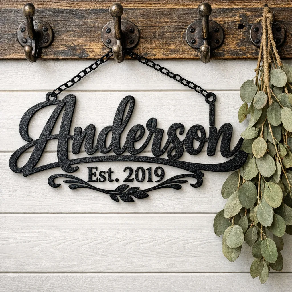 Custom Farmhouse Name Signs 4 close-up of a personalized farmhouse sign with established year on shiplap