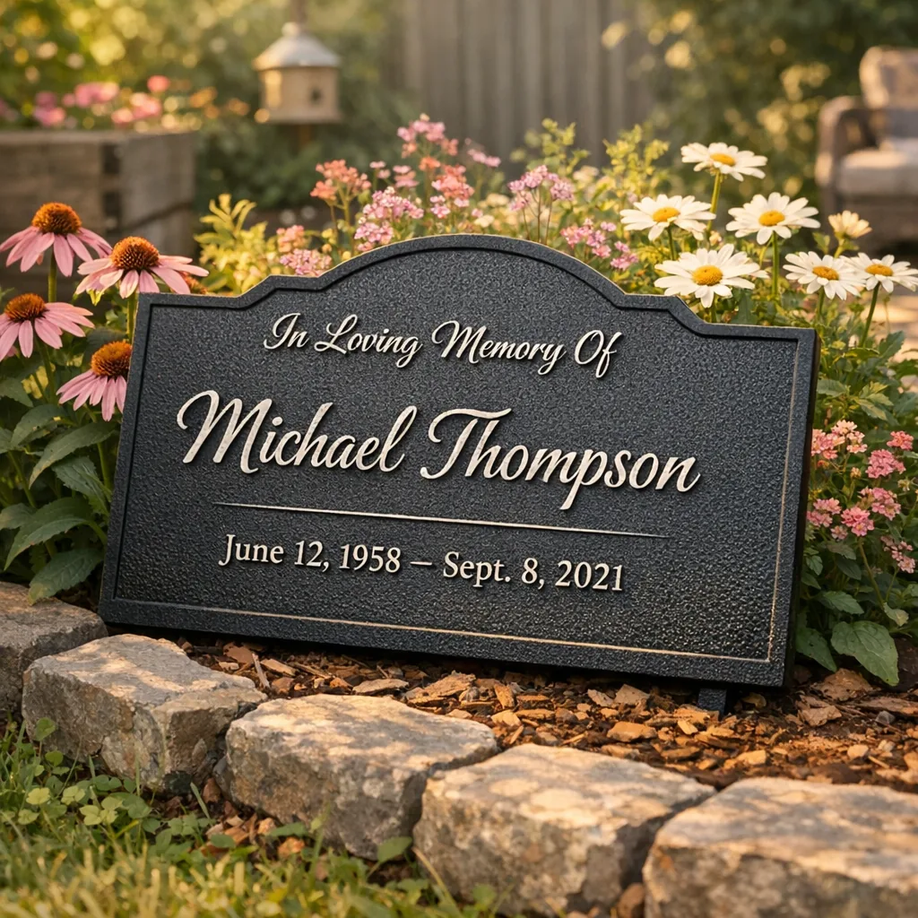 Handcrafted custom loss of parent memorials metal sign leaning in a garden bed at dawn