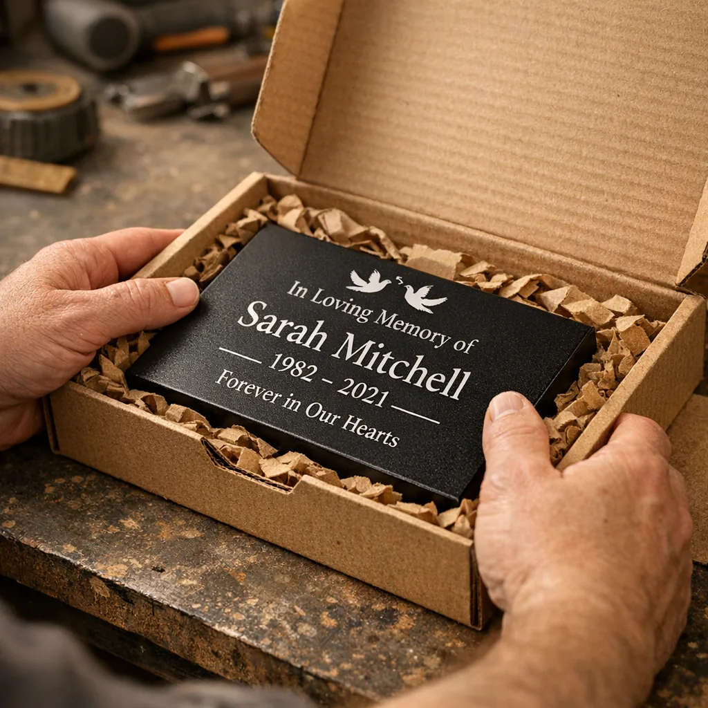 Worker packing a custom loss of parent memorials powder-coated plaque on a wooden workbench