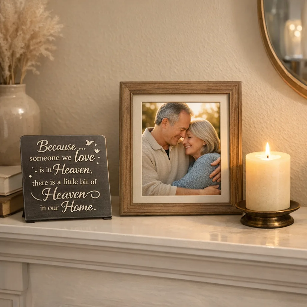 Mantel display featuring a custom loss of parent memorials metal sign with photo and candle