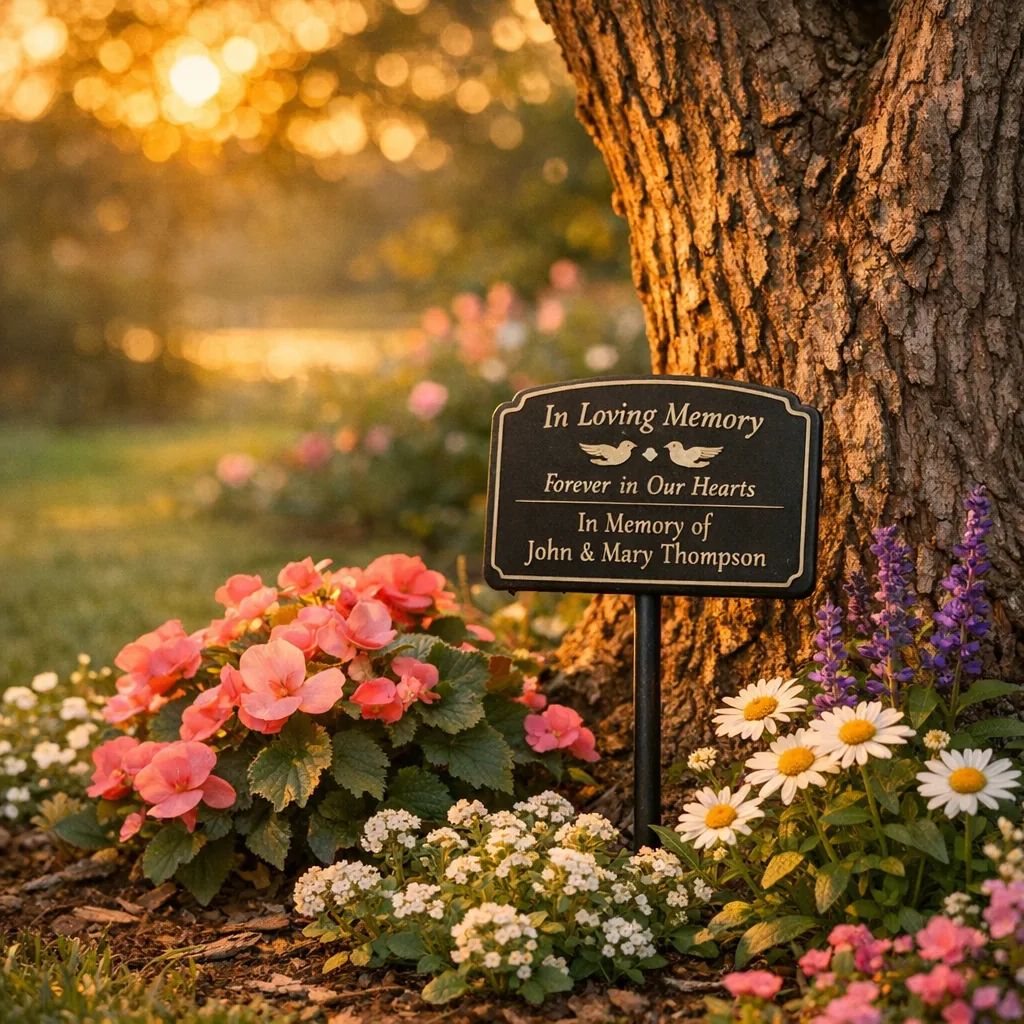 Stake-mounted custom loss of parent memorials sign by a tree in a golden hour garden