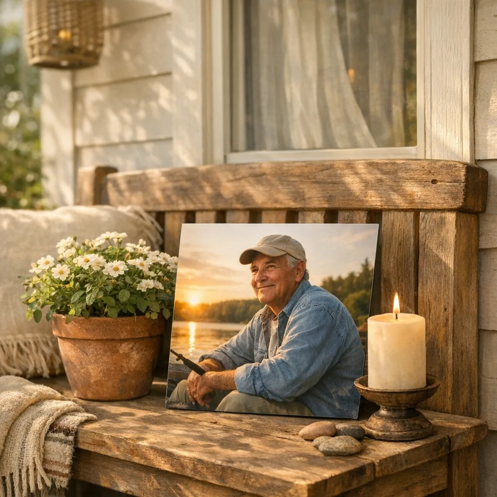 custom memorial photo metal print on a sunlit front porch memorial display