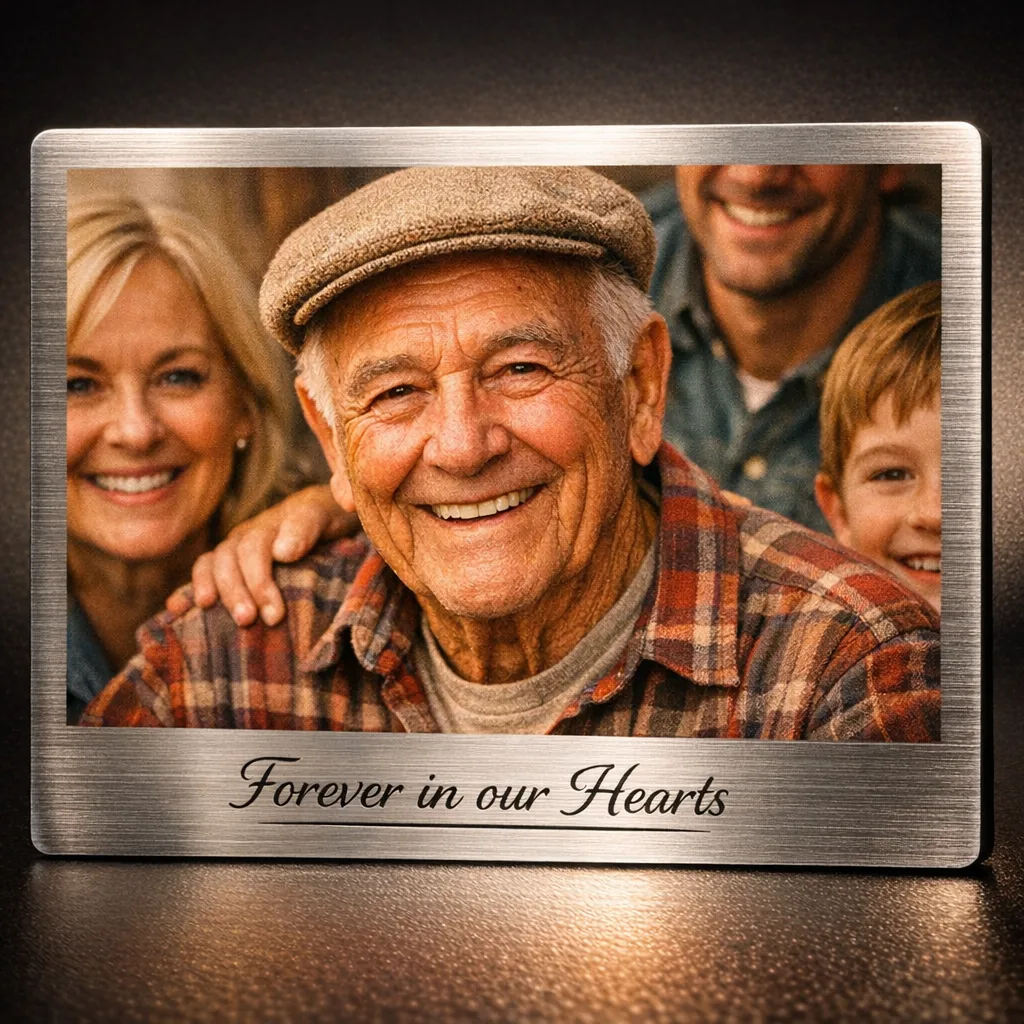 close-up of a custom memorial photo metal print with a smiling portrait and short engraved line
