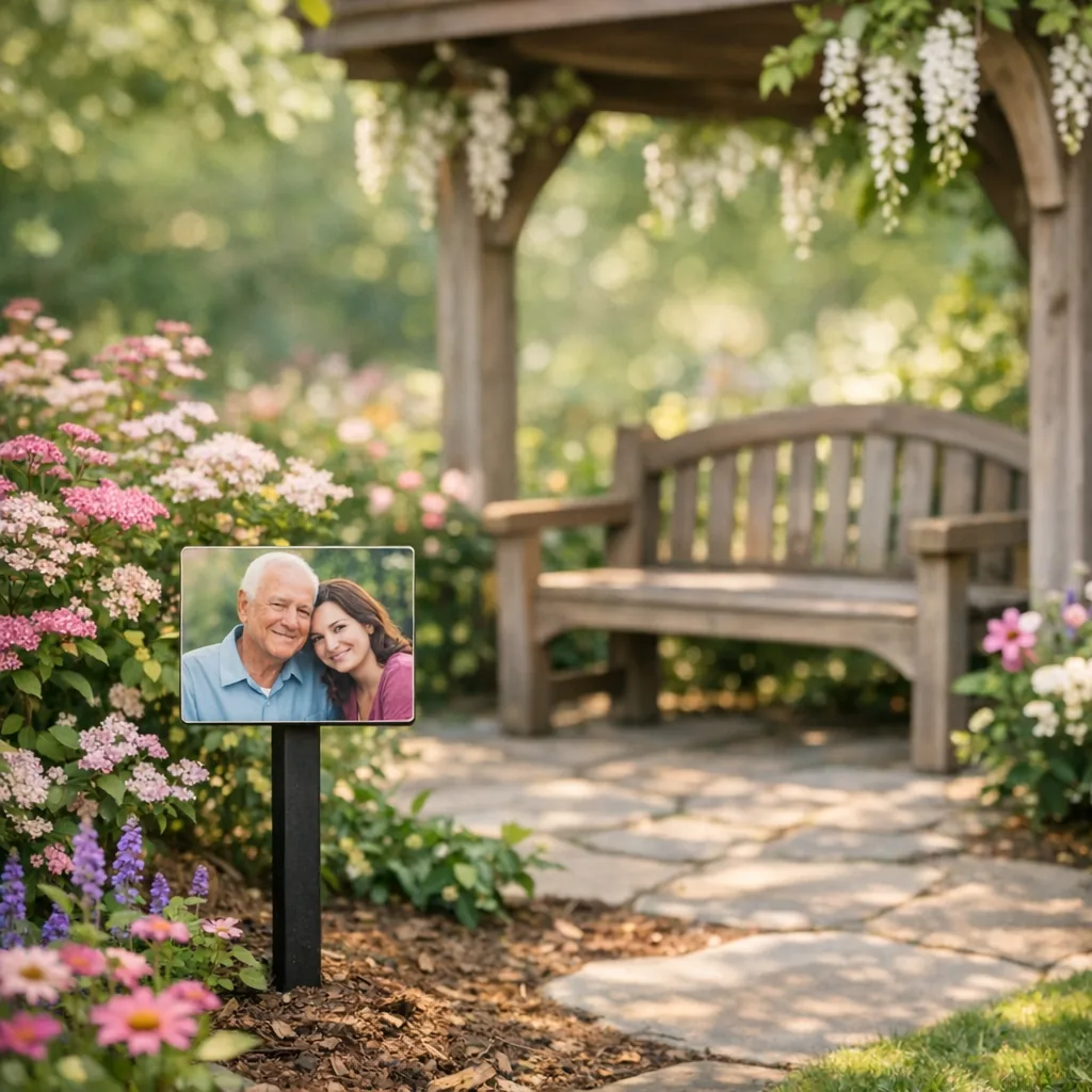 garden memorial area featuring a custom memorial photo metal print mounted on a post