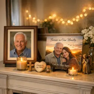 indoor remembrance nook with a custom memorial photo metal print among keepsakes