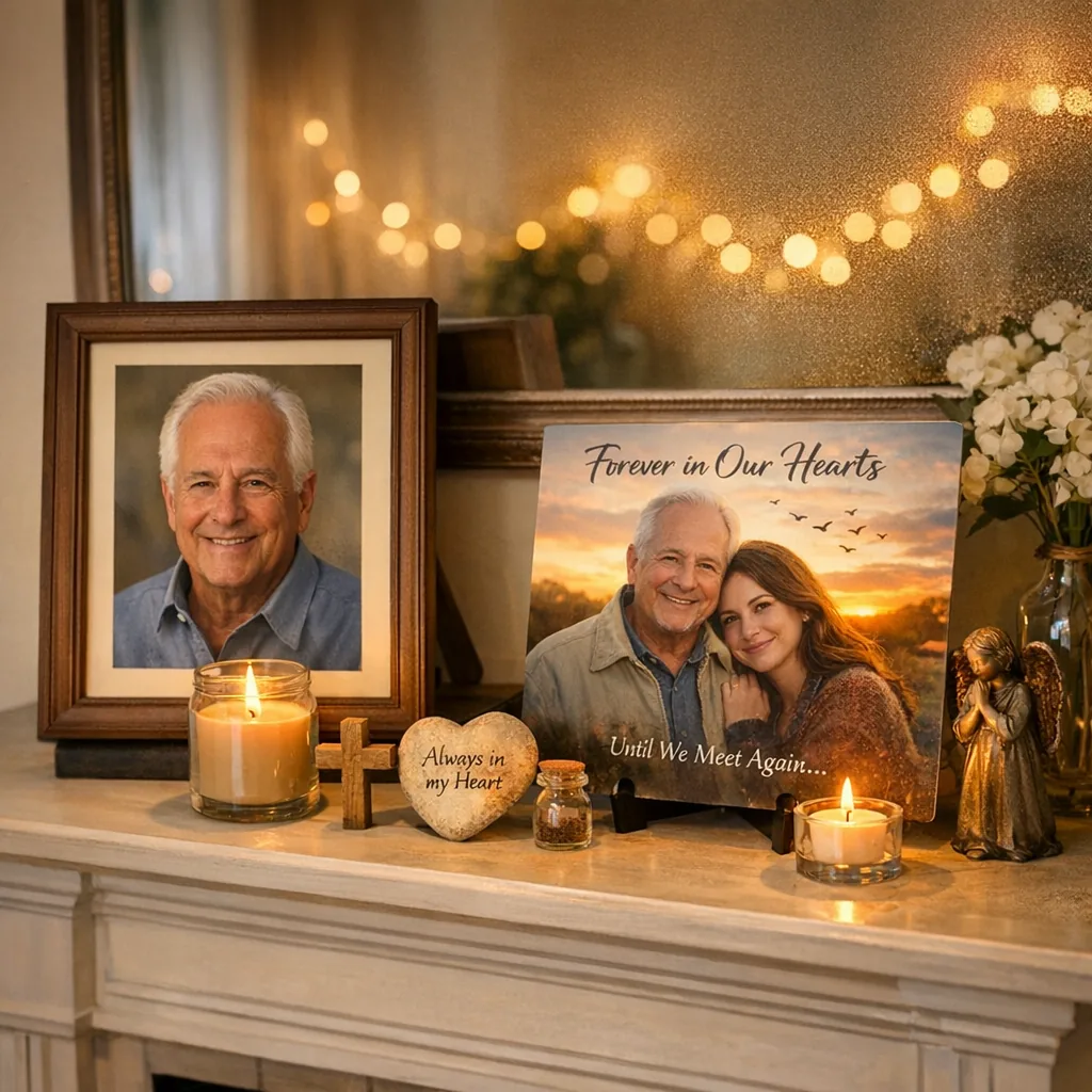 indoor remembrance nook with a custom memorial photo metal print among keepsakes