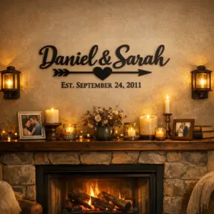 Custom metal anniversary decor sign above a fireplace featuring couple names and wedding date