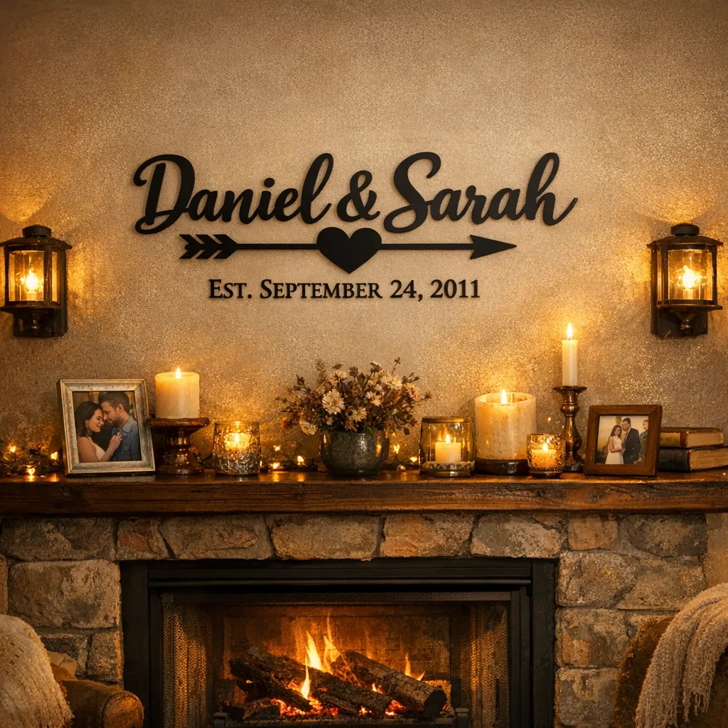 Custom metal anniversary decor sign above a fireplace featuring couple names and wedding date