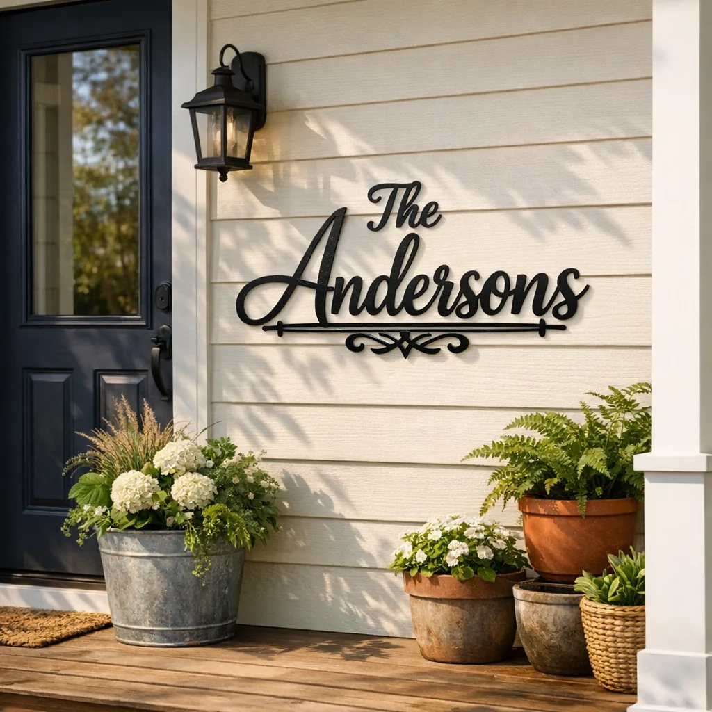 Powder-coated metal family name sign on a front porch for custom metal anniversary decor