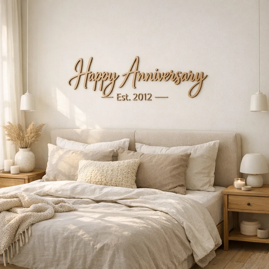 Minimalist laser cut anniversary sign over a bedroom headboard as custom metal anniversary decor