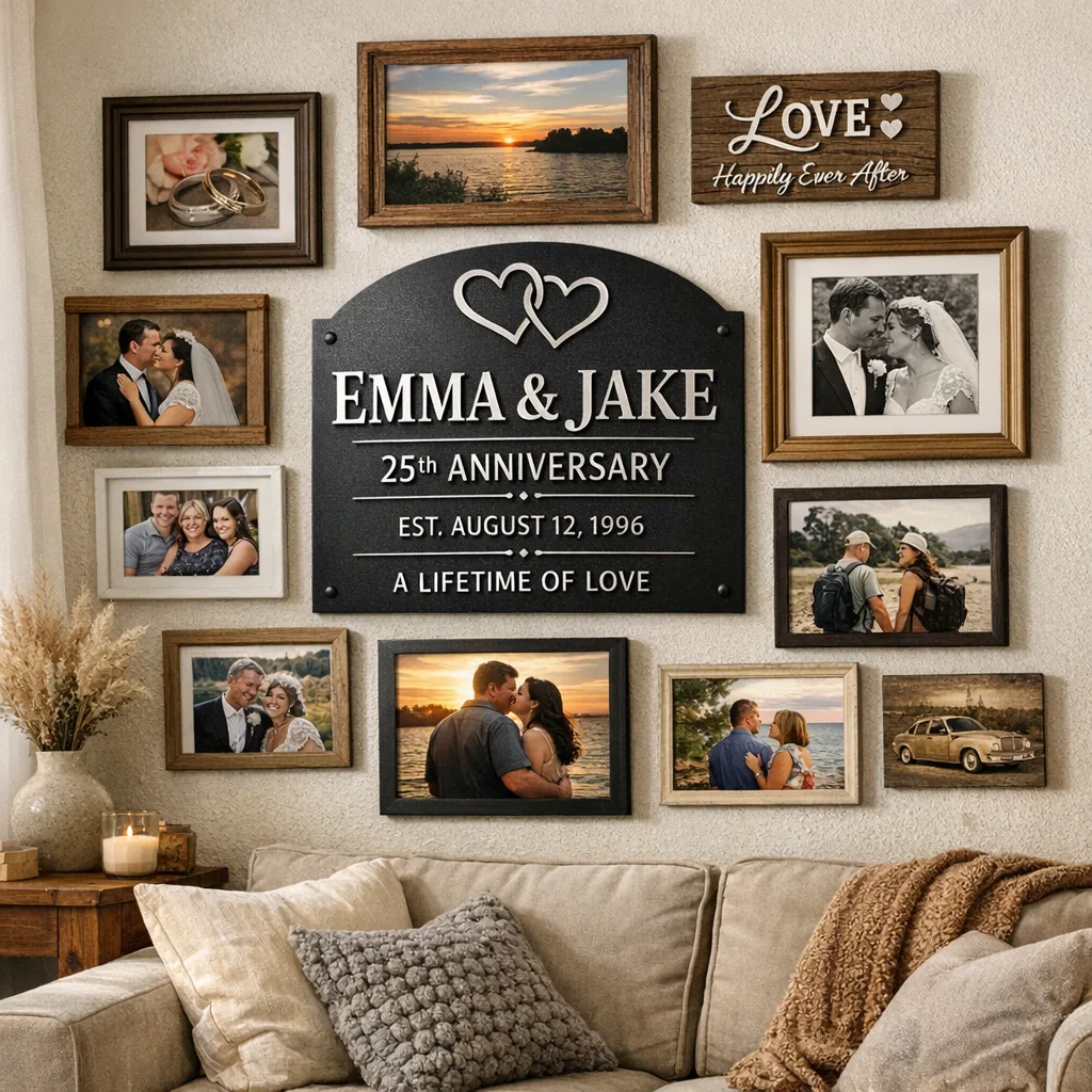 Gallery wall anchored by an anniversary metal plaque representing custom metal anniversary decor