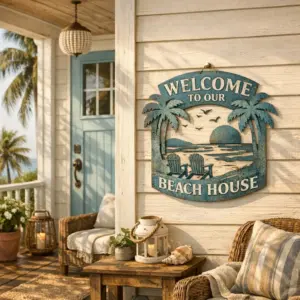 custom metal beach house signs hanging on a sunlit porch of a coastal cottage