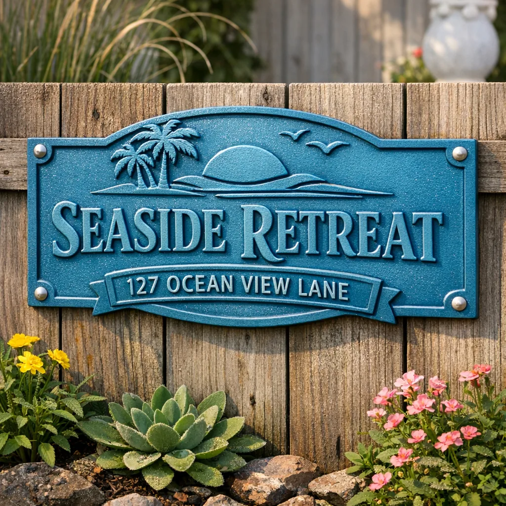 Custom Metal Beach House Signs 3 close-up powder-coated custom metal beach house sign mounted on a fence