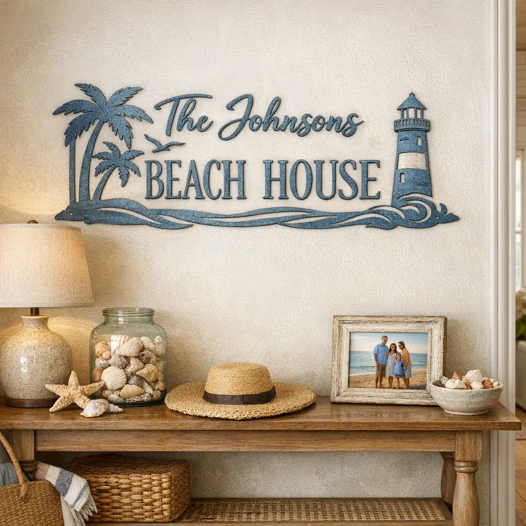 Custom Metal Beach House Signs 4 beach house wall decor with a personalized coastal metal sign in an entryway
