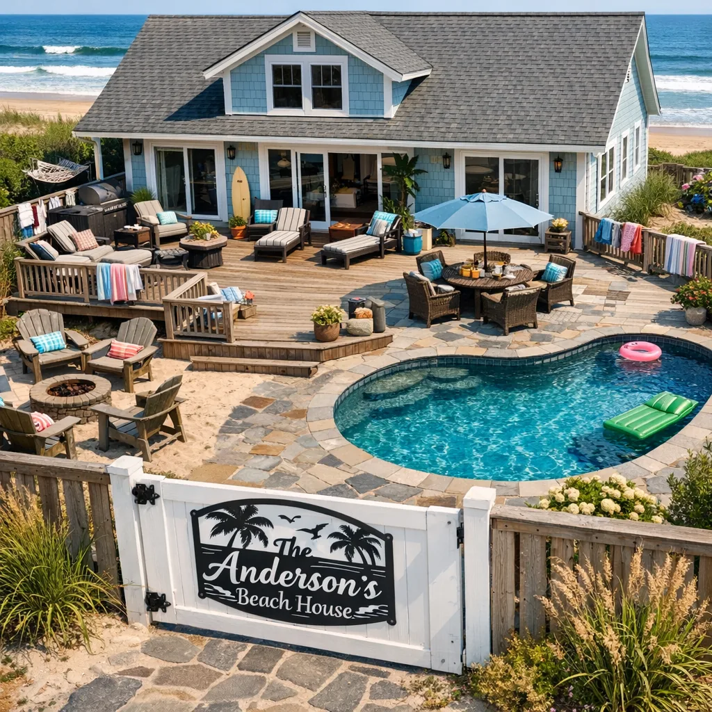 Custom Metal Beach House Signs 5 coastal outdoor decor with a personalized metal sign on a beach cottage gate