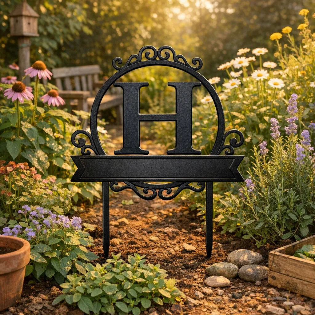 custom metal garden decor monogram stake in backyard among herbs