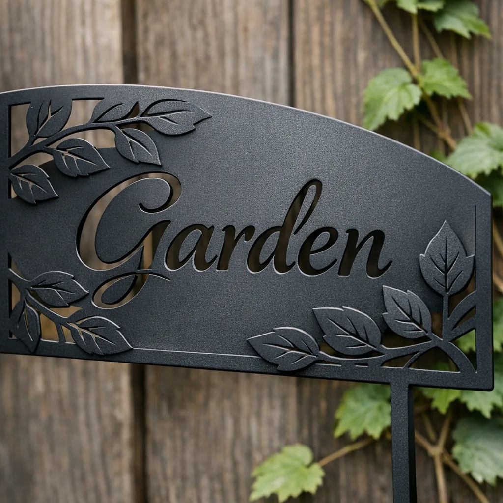 close-up laser-cut custom metal garden sign with powder-coated finish