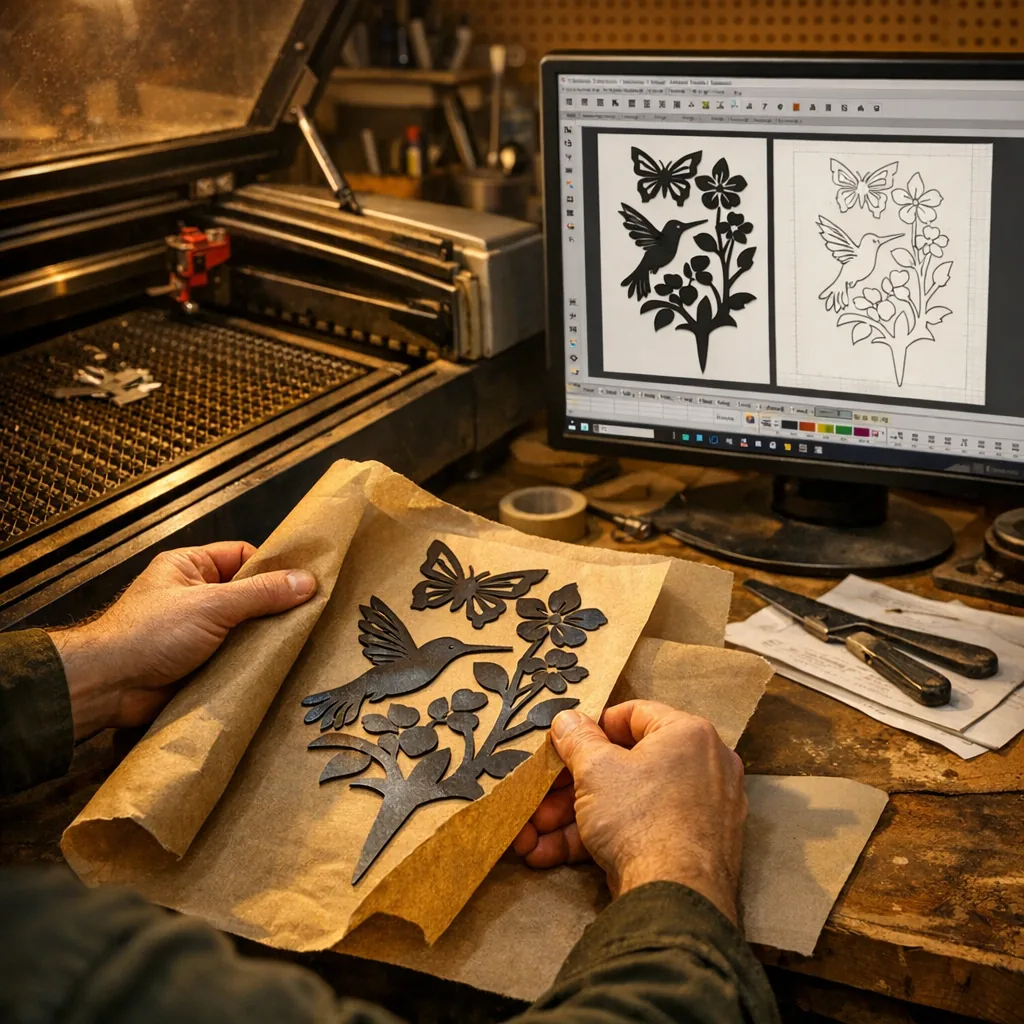 workshop laser cutting custom metal garden decor at design desk
