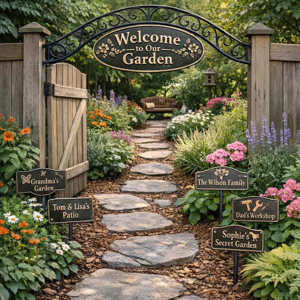 garden path with personalized metal stakes and welcome plaque