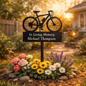 custom metal memorial gifts garden stake with bicycle silhouette in a backyard memorial