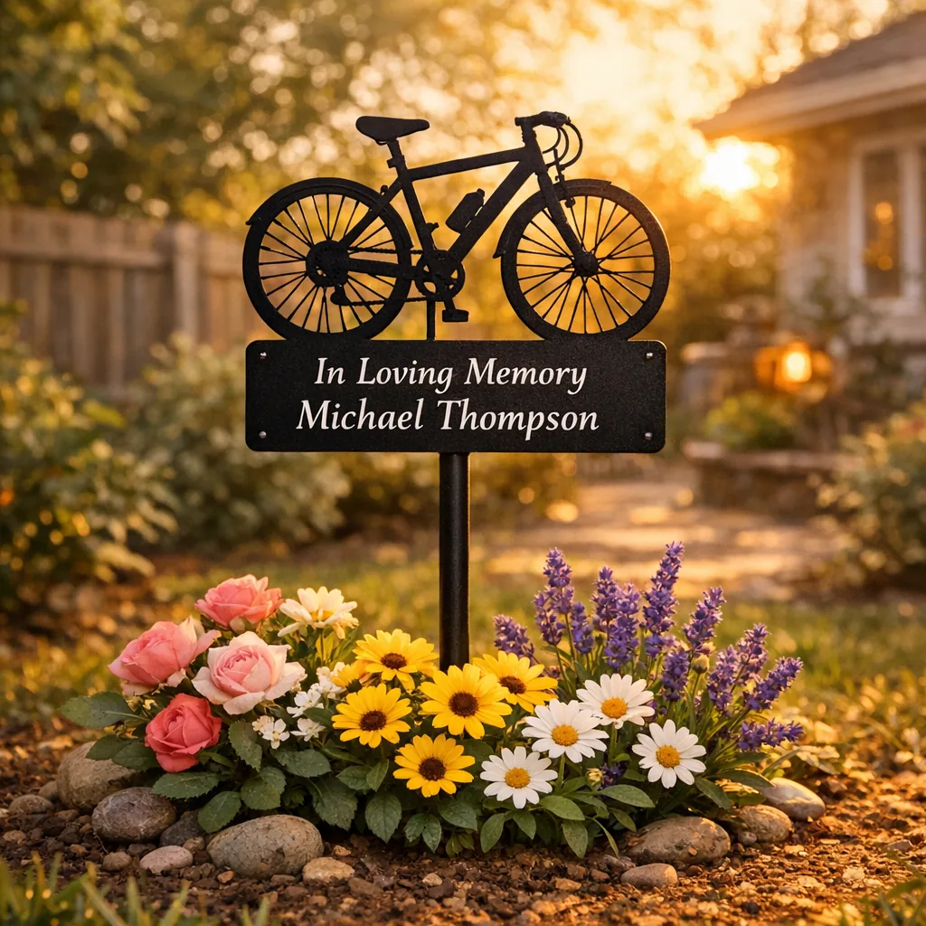 Custom Metal Memorial Gifts 1 custom metal memorial gifts garden stake with bicycle silhouette in a backyard memorial