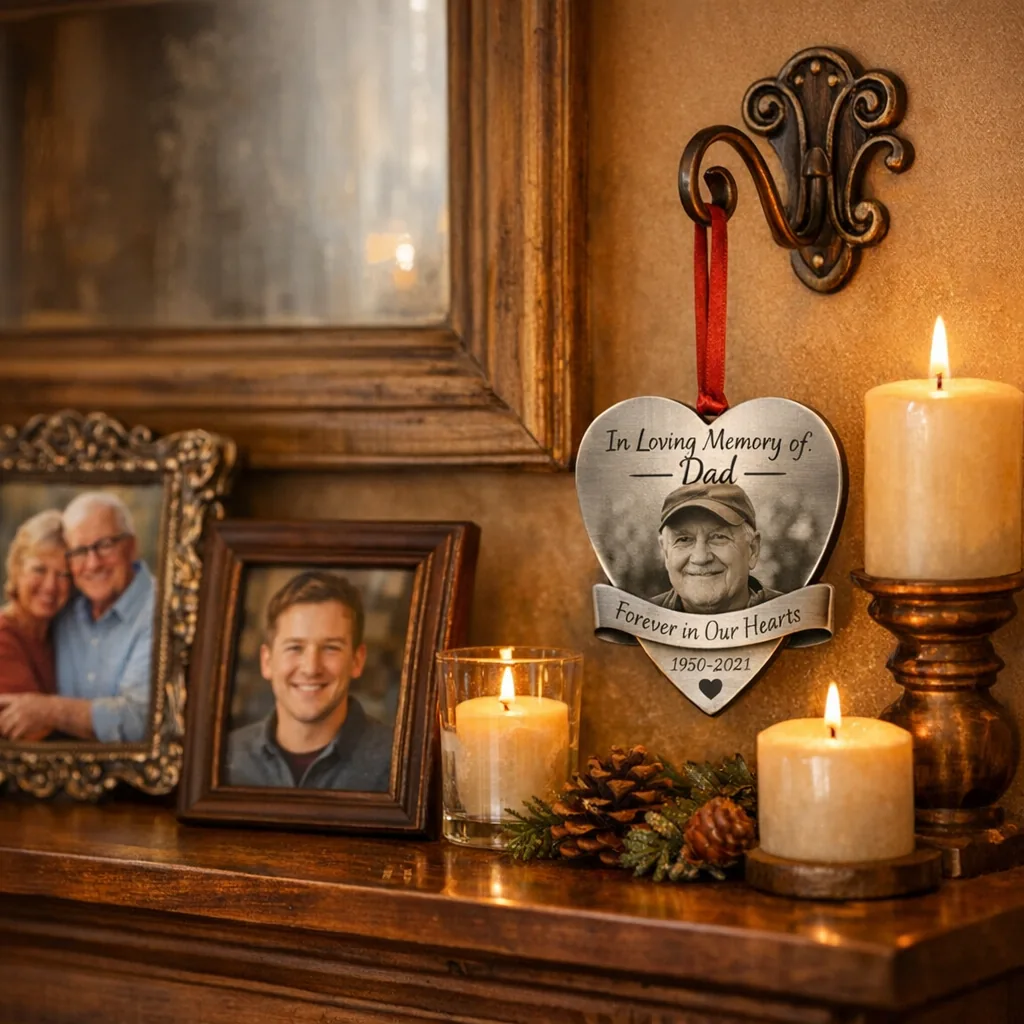 Custom Metal Memorial Gifts 3 personalized memorial ornament on a mantel representing custom metal memorial gifts