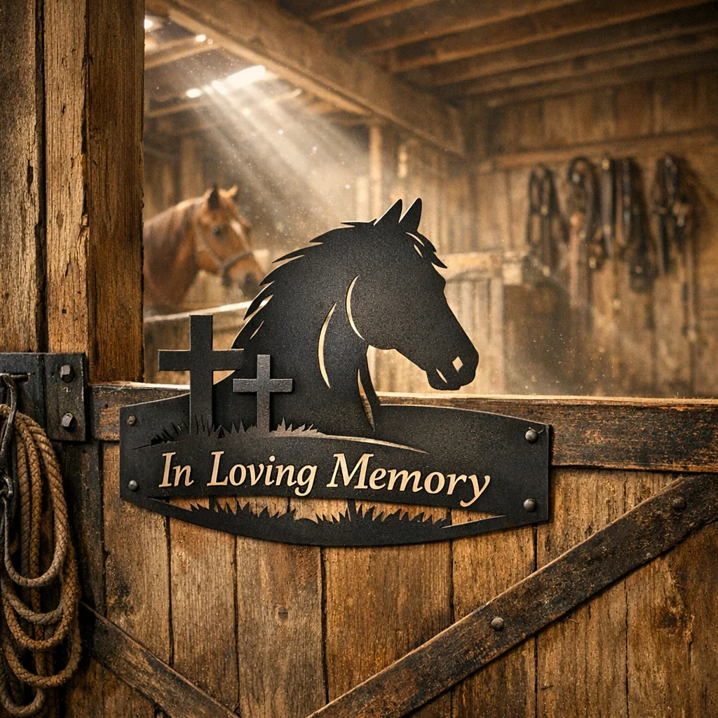 Custom Metal Memorial Gifts 4 horse silhouette memorial sign on stable door illustrating custom metal memorial gifts