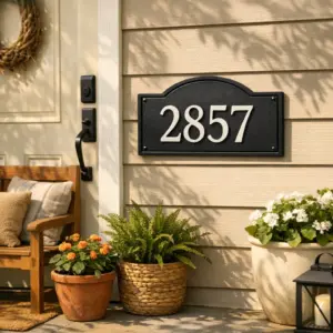 custom metal porch address plaques mounted beside a front door in a sunlit porch setting