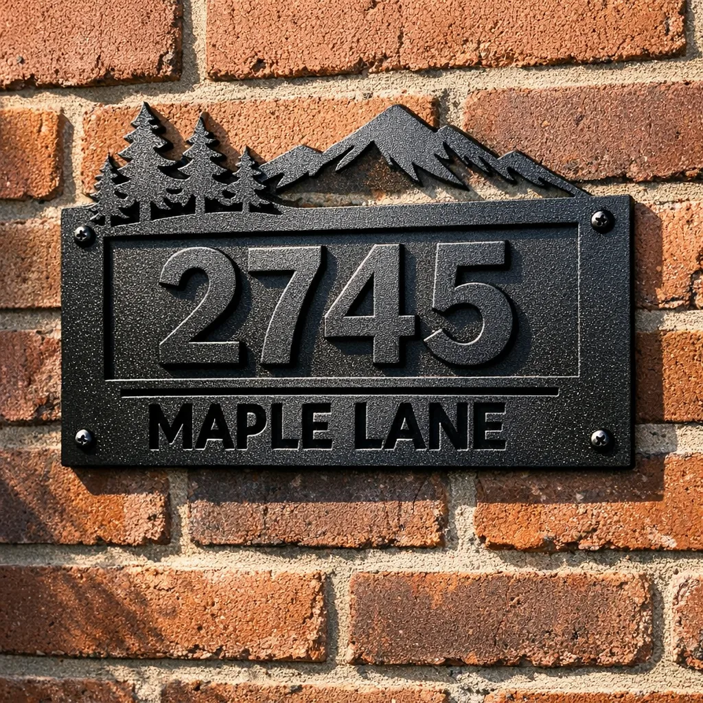 close-up laser-cut custom metal porch address plaque on brick wall showing powder-coated finish