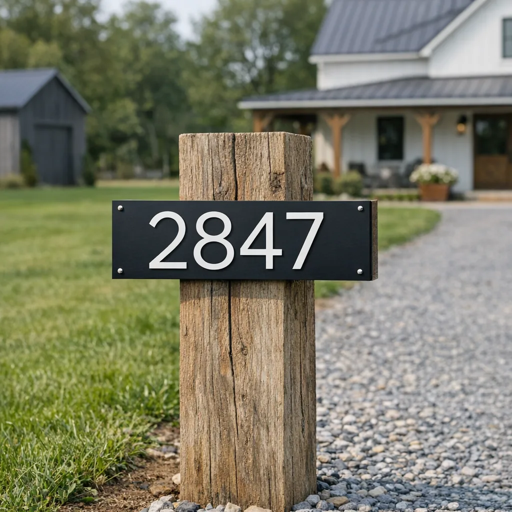 18-inch custom metal porch address plaque mounted on a wooden driveway post in a farmhouse setting