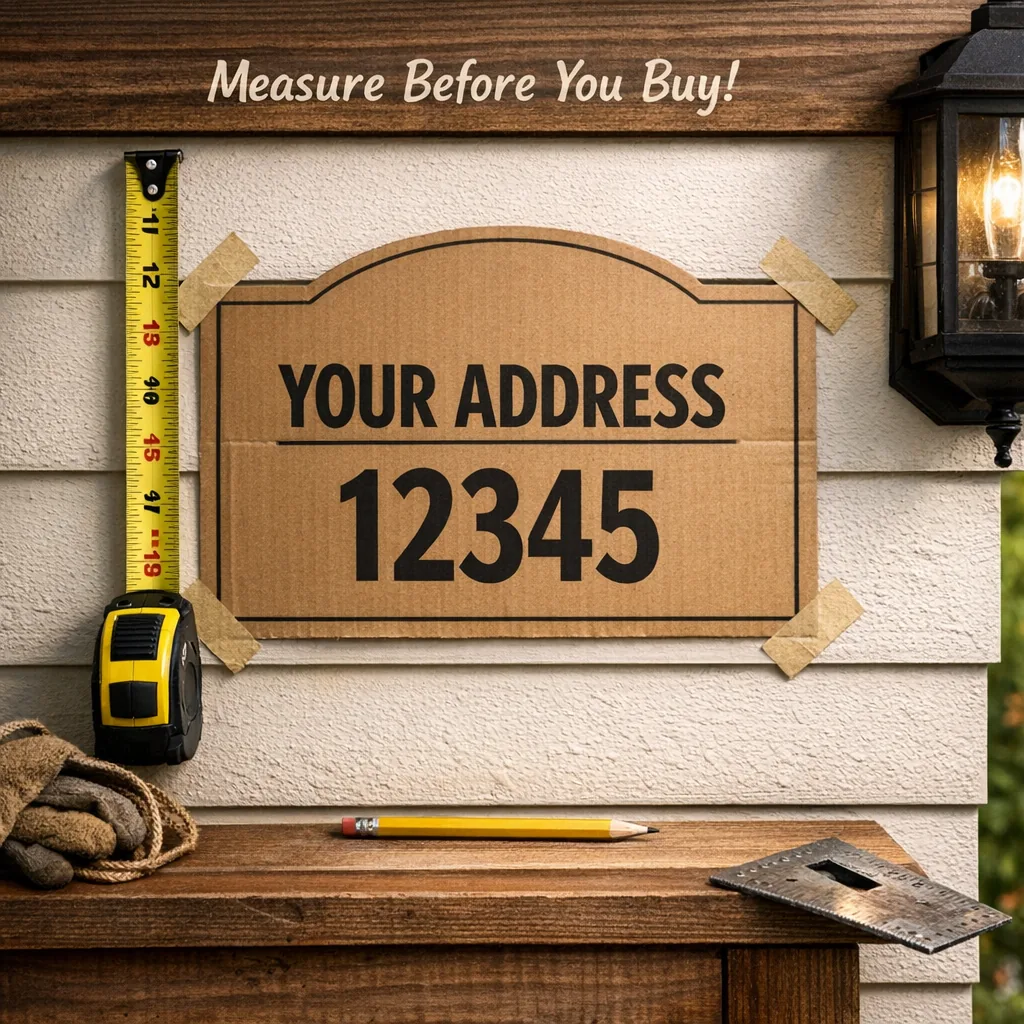cardboard mockup taped to a porch wall for measuring before ordering custom metal porch address plaques