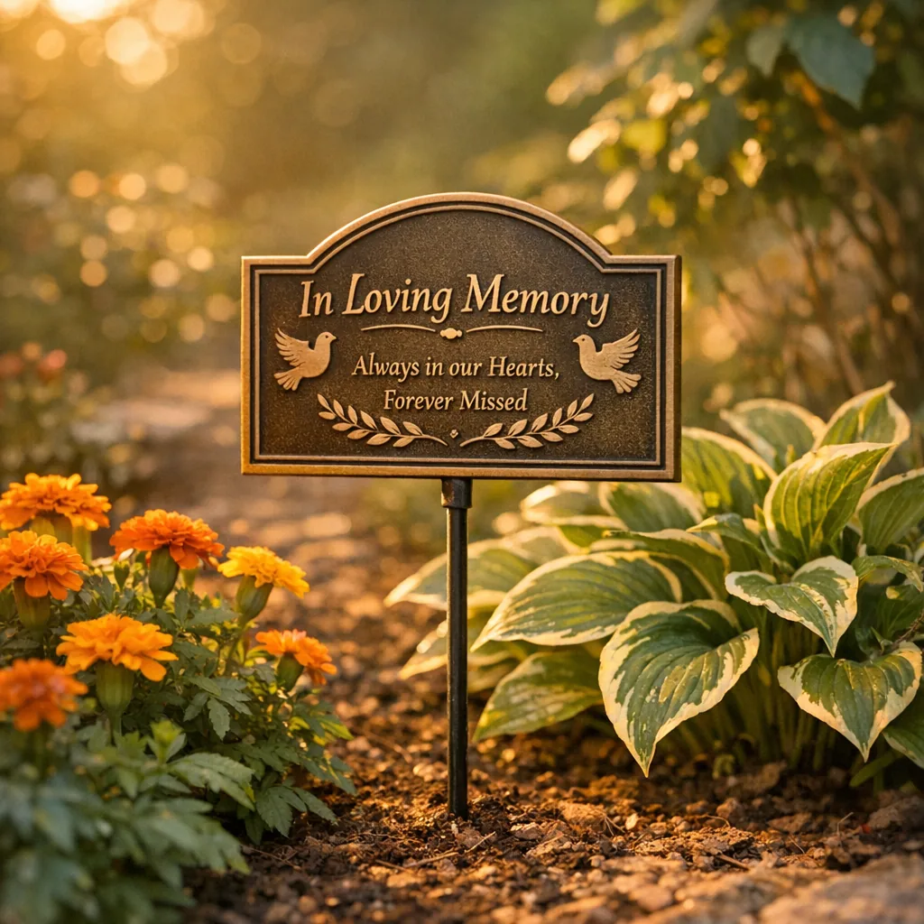 Custom Metal Remembrance Plaques 1 custom metal remembrance plaques staked in a garden among flowers, warm golden light