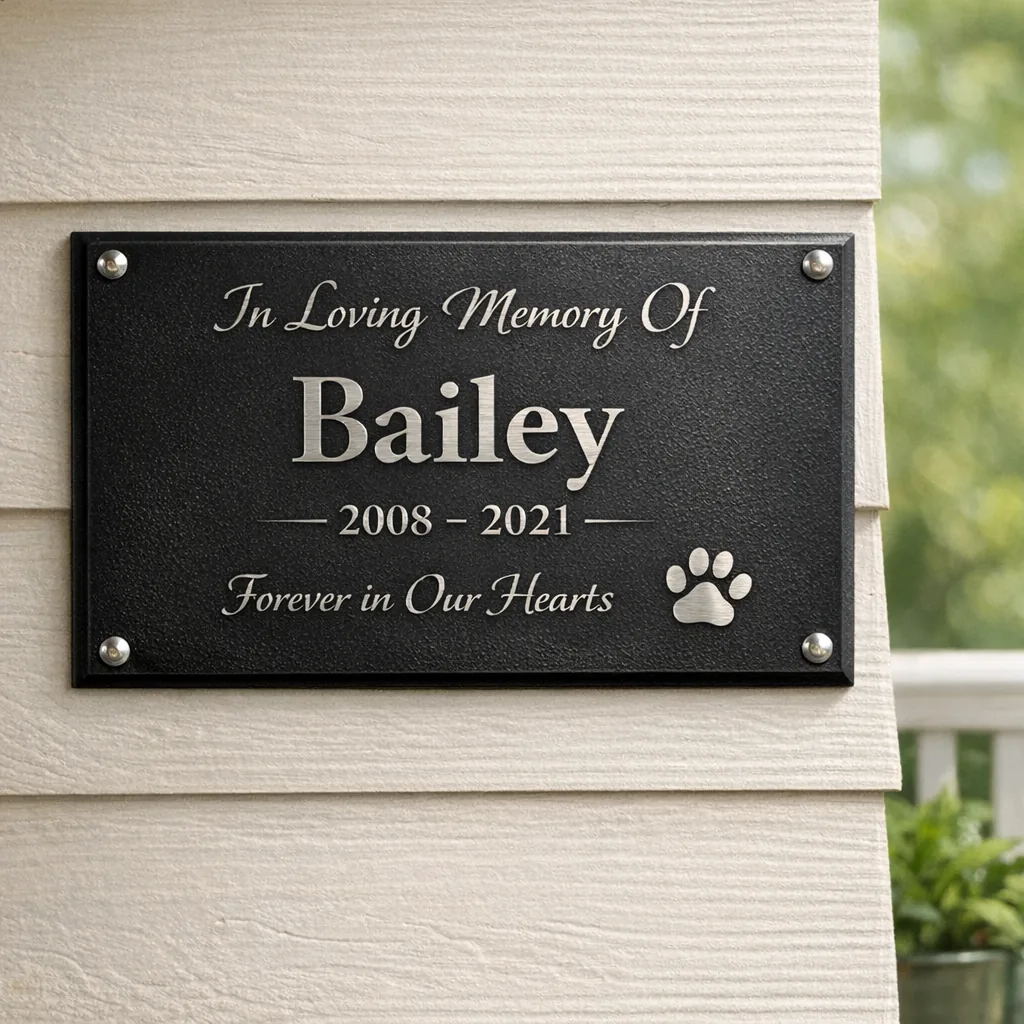 Custom Metal Remembrance Plaques 2 powder-coated steel memorial plaque mounted on a porch wall with brushed lettering and paw silhouette