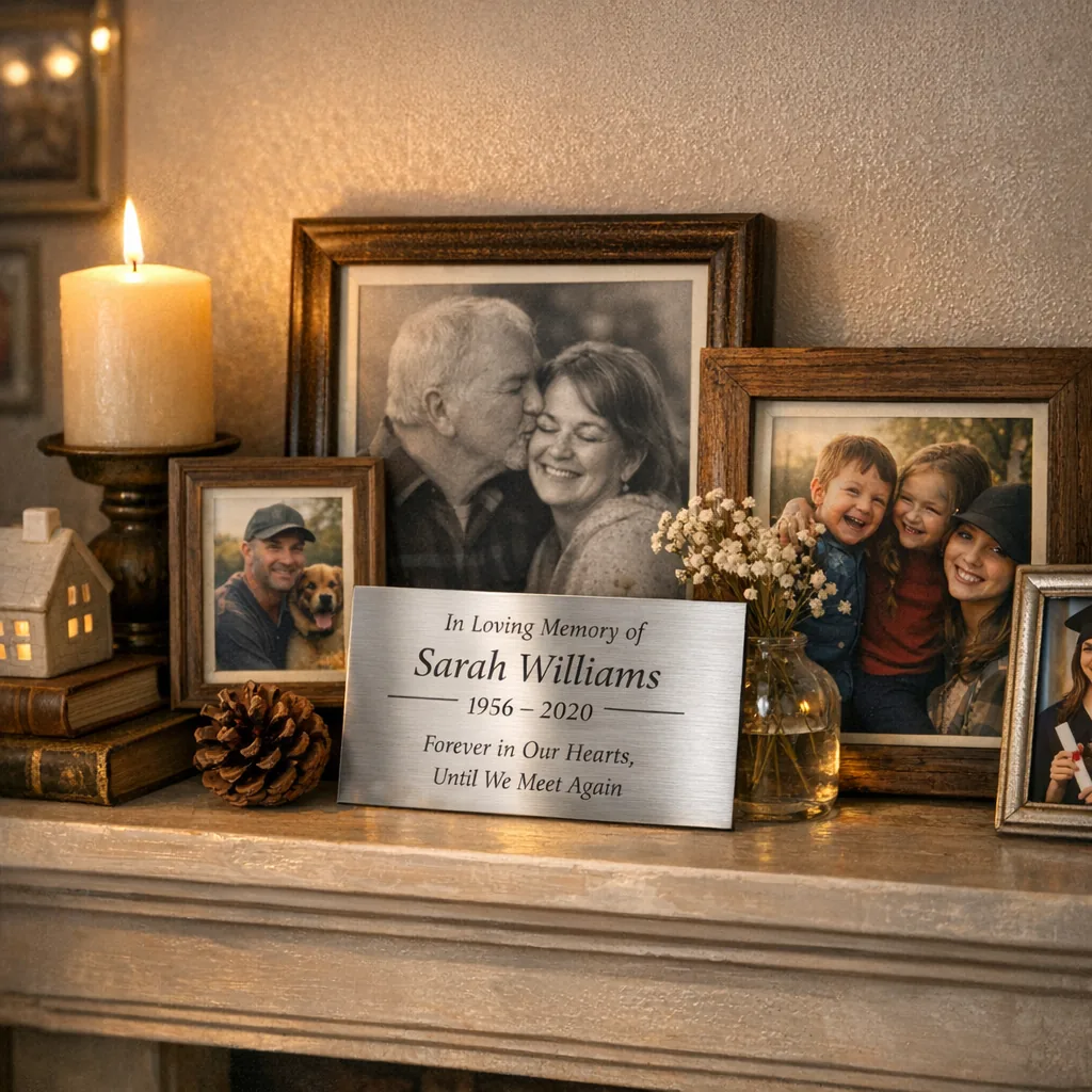 Custom Metal Remembrance Plaques 3 engraved aluminum remembrance plaque on a mantel next to framed photos and candles