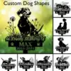 dachshund-1 Green memorial poster showing a silhouetted dog sitting among flowers with text ‘Custom Dog Shapes’ and ‘In Loving Memory of MAX 2016-2024’ plus small black-and-white custom shape examples on the right