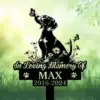 dachshund-3 Black silhouette memorial garden sign with elephant, butterflies and flowers reading "In Loving Memory Of MAX 2016-2024" staked in grass against a soft green background