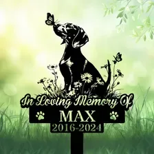 dachshund-3 Black silhouette memorial garden sign with elephant, butterflies and flowers reading "In Loving Memory Of MAX 2016-2024" staked in grass against a soft green background