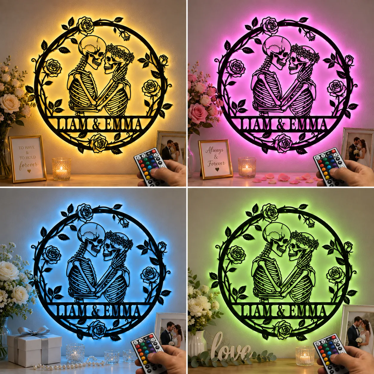 Round LED wall sign of two embracing skeletons with rose wreath and the names "LIAM & EMMA" lit in yellow, pink, blue, and green above a decorated shelf