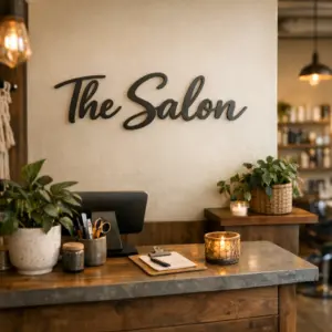 powder-coated metal hair salon signage above a reception desk highlighting the salon name