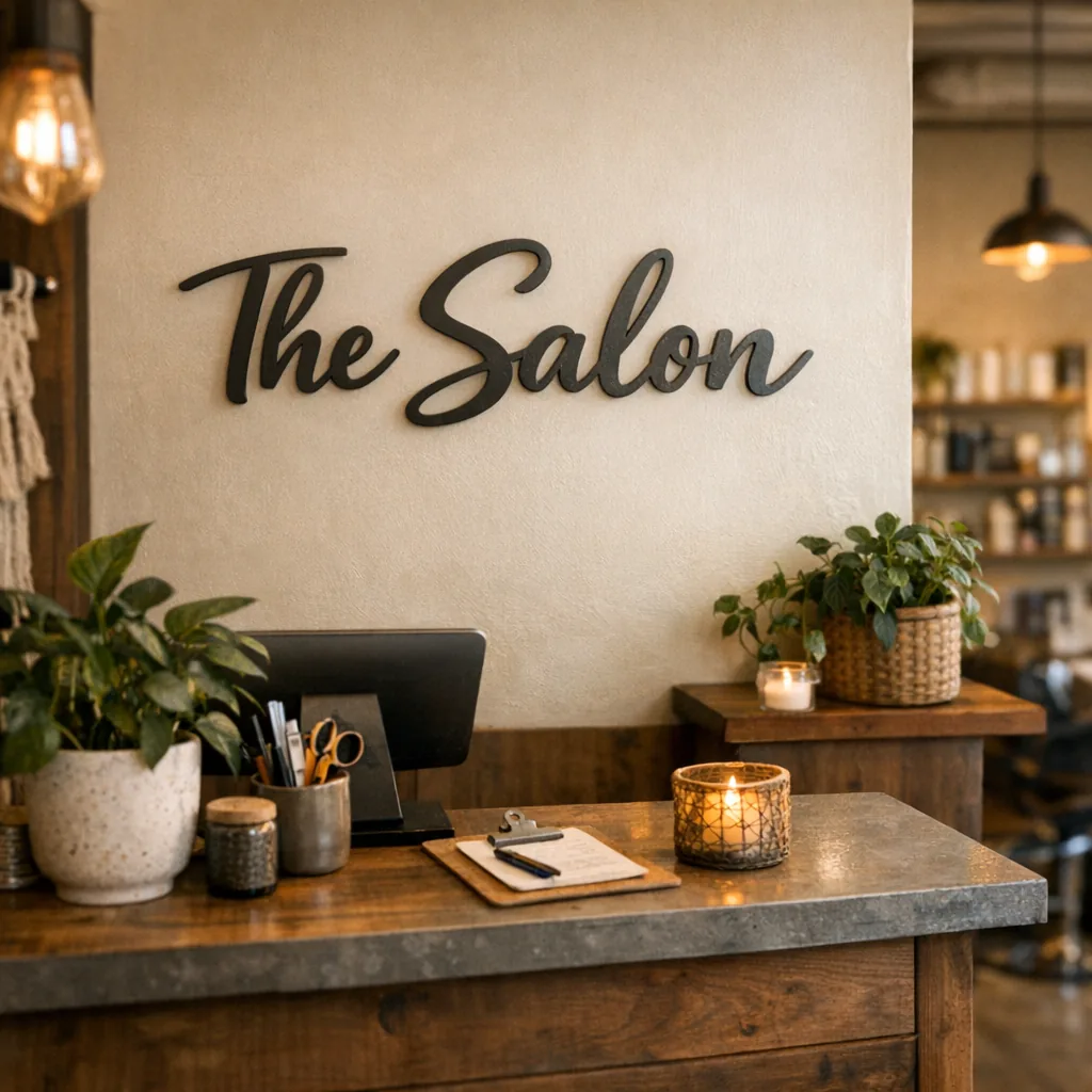 Hair Salon Signage that Talks to Your Customers 1 powder-coated metal hair salon signage above a reception desk highlighting the salon name