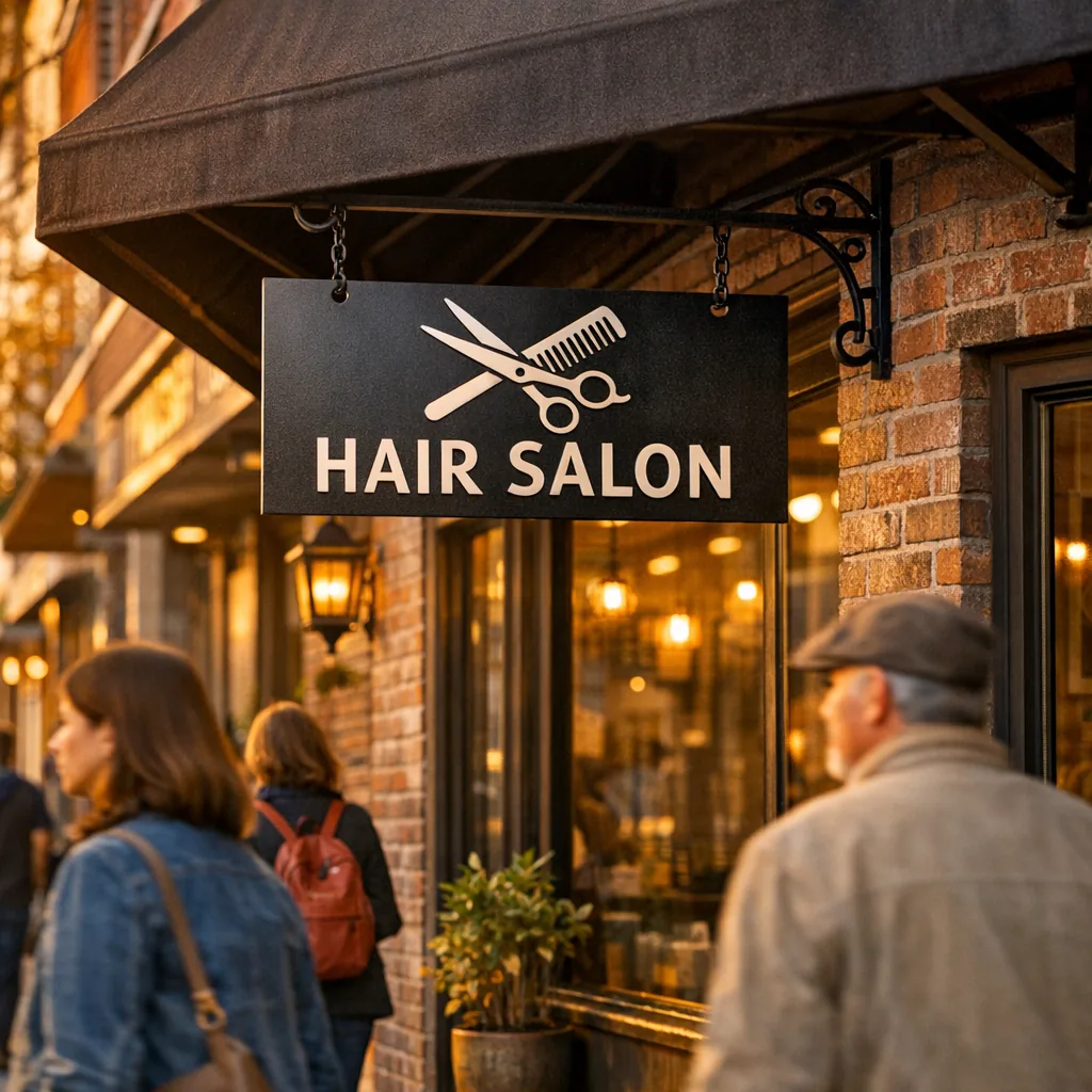 Hair Salon Signage that Talks to Your Customers 2 exterior powder-coated steel hair salon signage hanging under an awning at golden hour