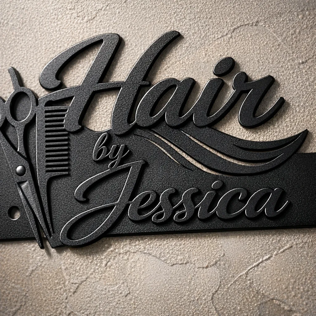 Hair Salon Signage that Talks to Your Customers 3 close-up of laser-cut hair salon signage showing powder-coated finish and mounting holes