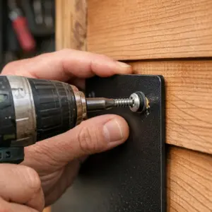 close-up how to hang a metal sign using drill and stainless screw with rubber washer