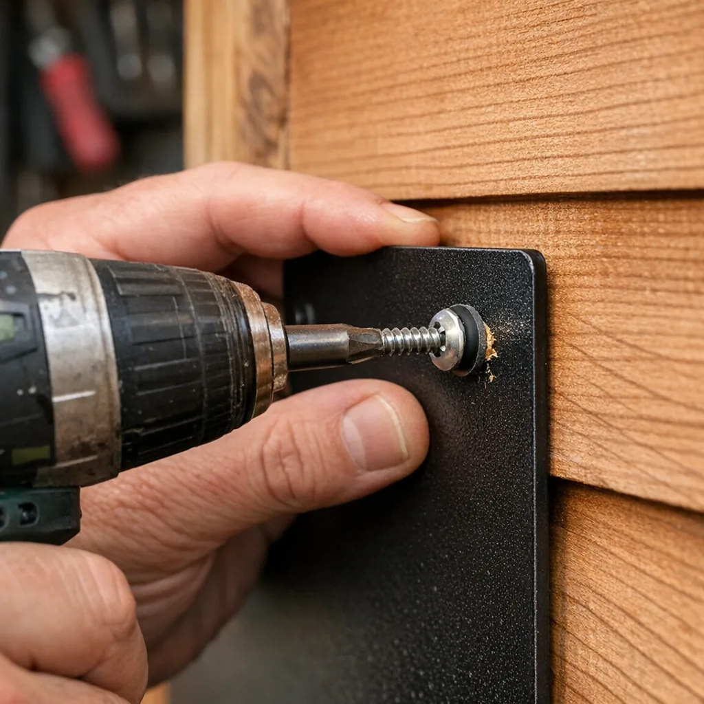 How to Hang a Metal Sign 1 close-up how to hang a metal sign using drill and stainless screw with rubber washer