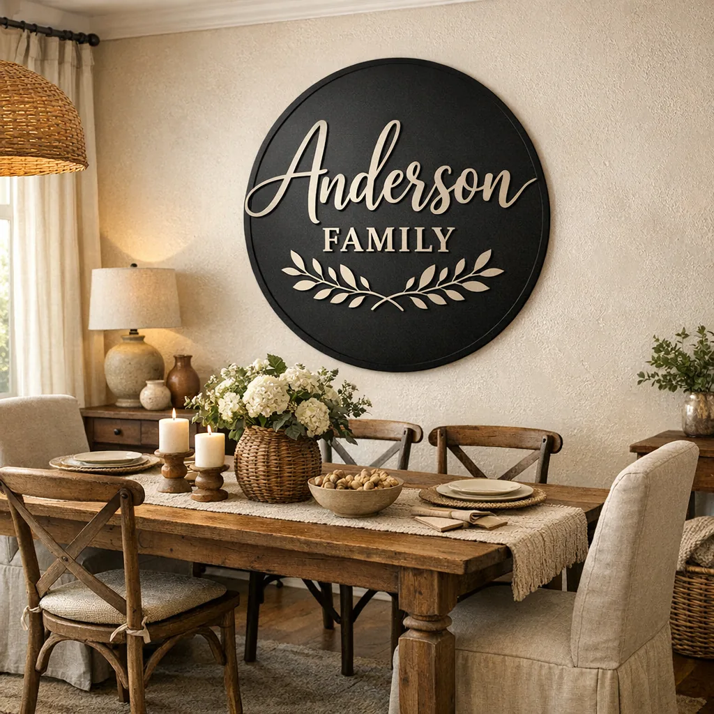 metal wall art for dining room above farmhouse table, matte black family-name sign